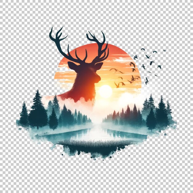 PSD deer silhouette with forest and sunset scene isolated on transparent background