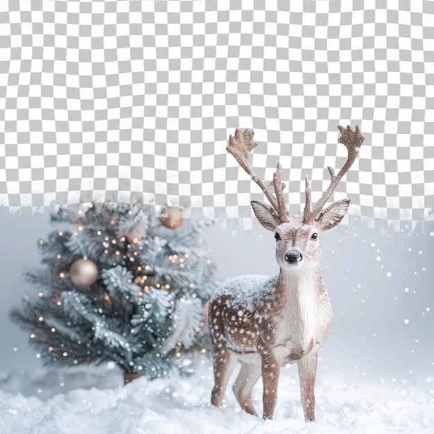 a deer stands in the snow next to a christmas tree