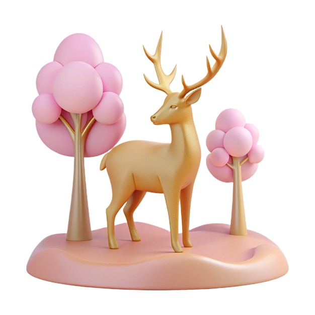 a deer statue with pink flowers on the bottom