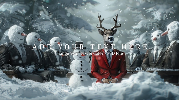 PSD a deer in a suit with snowman friends