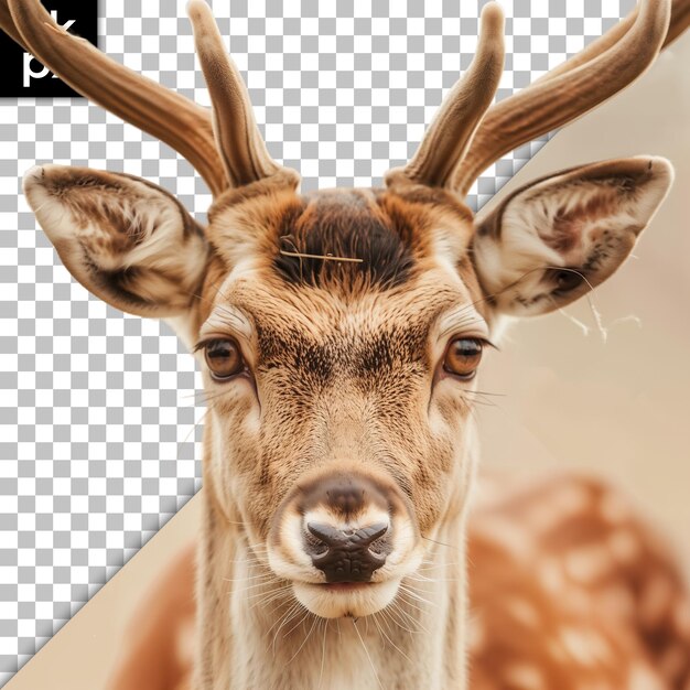 a deer with antlers and antlers stands in front of a camera