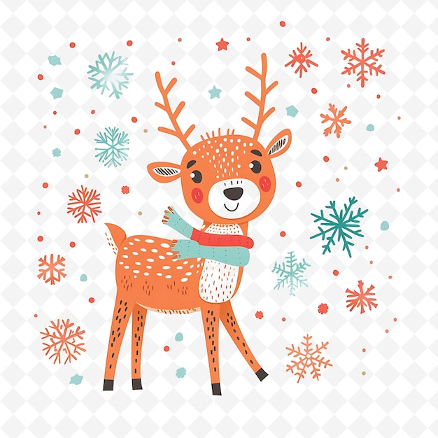 PSD a deer with a scarf on its neck stands in front of snowflakes