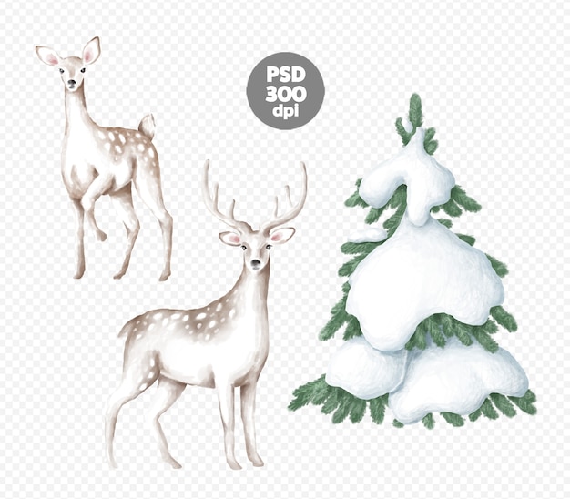 Deers and Christmas tree digital illustrations