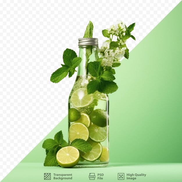 PSD defocused background with fresh lime and mint in glass bottle for mojito cocktails