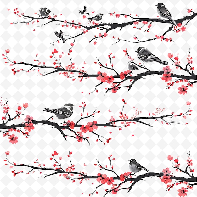 PSD delicate cherry blossom branch borderlines design with bird creative abstract art designs