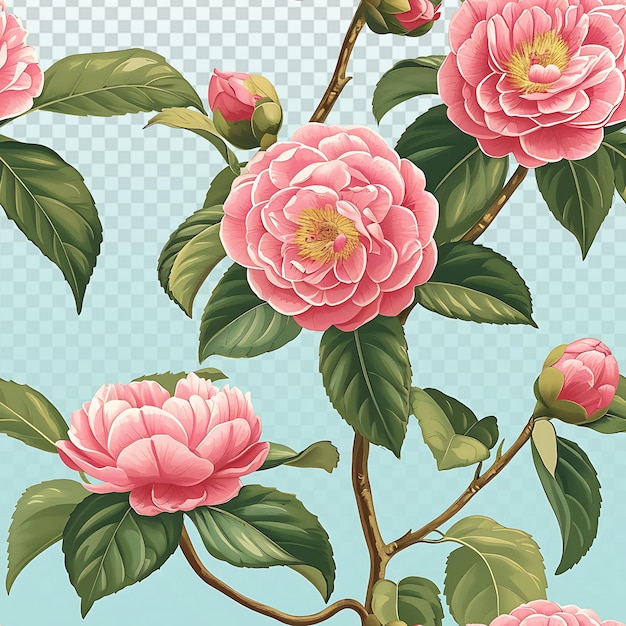 PSD delicate pink camellia blossoms on soft blue canvas