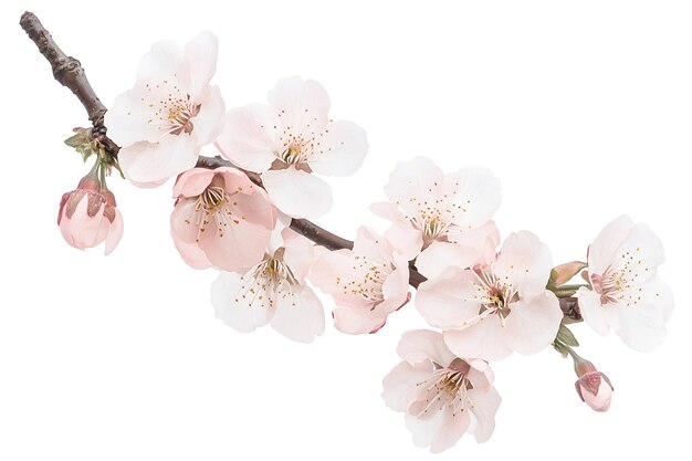 PSD delicate pink cherry blossom branch with fresh green leaves