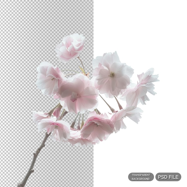 PSD delicate pink cherry blossoms on a branch against a soft white background botanical nature photography