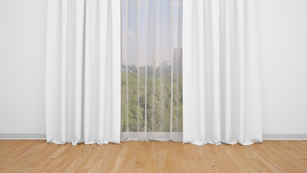 Delicate white curtains, white wall and wooden floor. Empty room as background