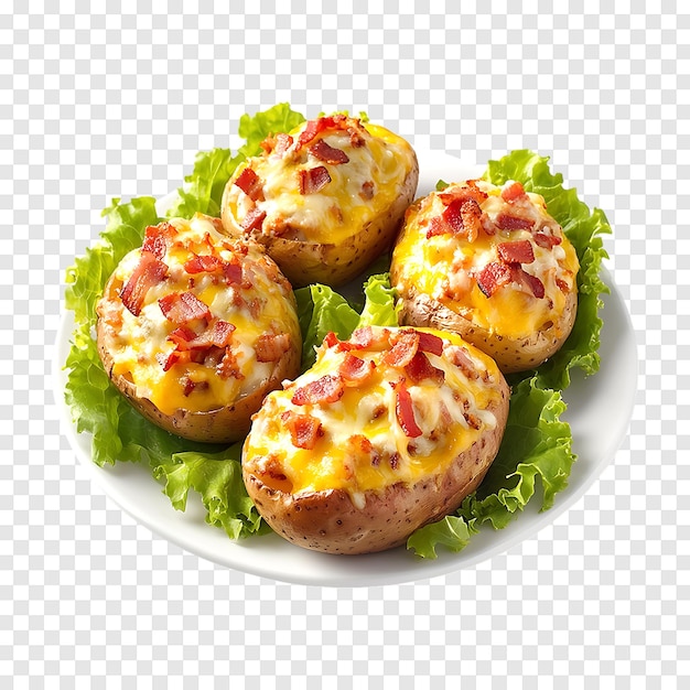 Delicious baked potatoes with bacon cheese and lettuce stuffed and isolated transparently