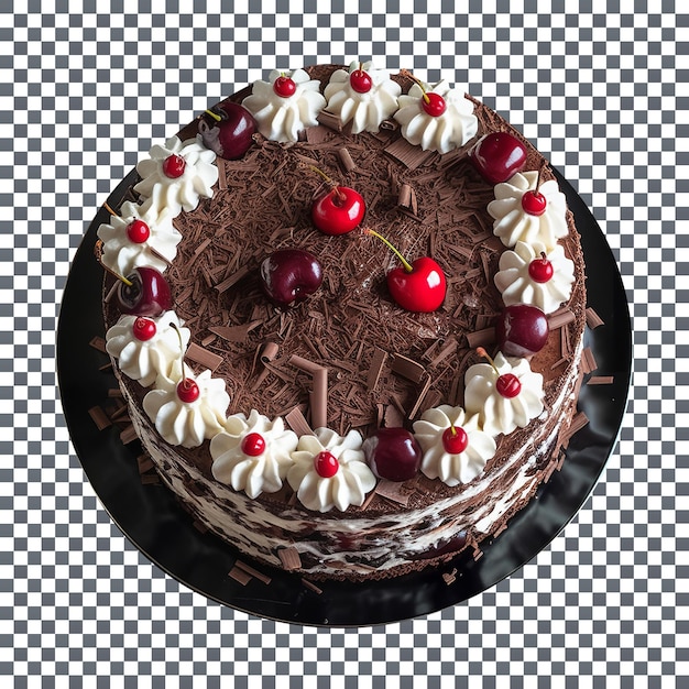 Delicious black forest cake decorated with red cherries isolated on transparent background