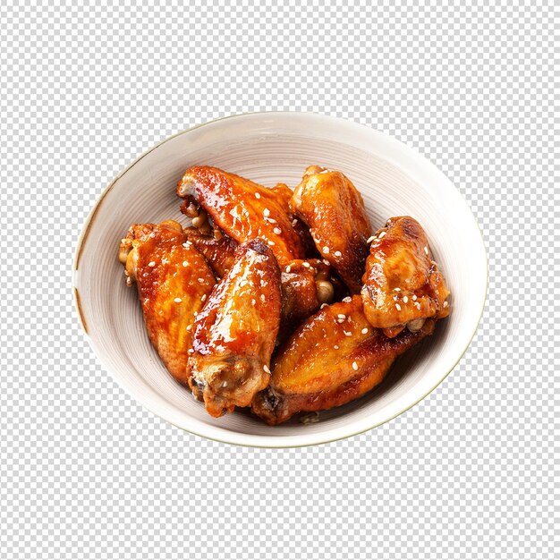 Delicious bowl of honey chicken wings on transparent background