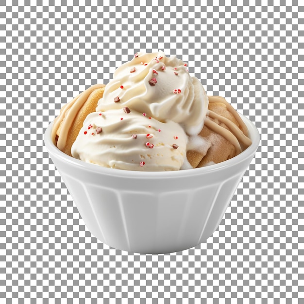 Delicious bowl of vanilla ice cream scoops isolated on transparent background