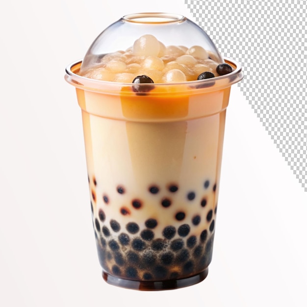 PSD delicious bubble tea with tapioca pearls in plastic cup on transparent background