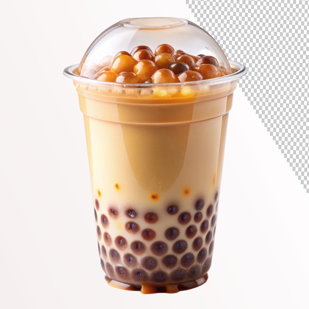 PSD delicious bubble tea with tapioca pearls in plastic cup on transparent background