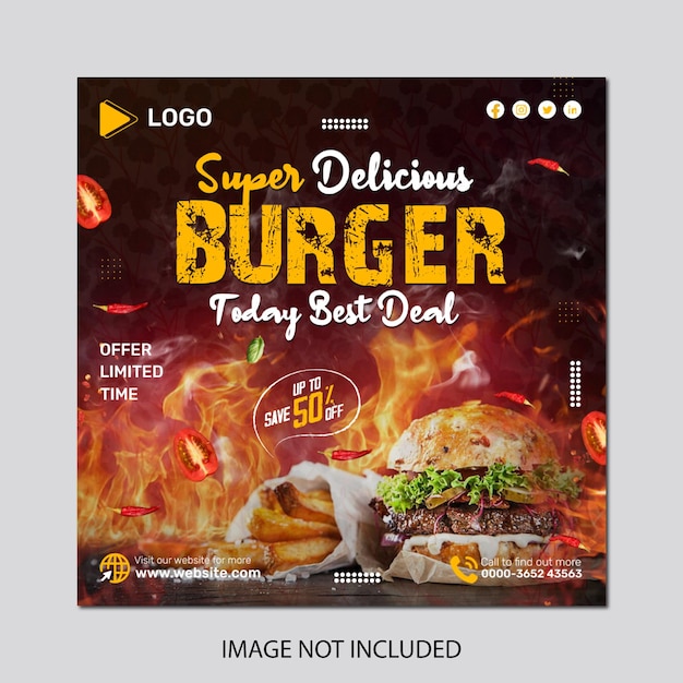 Delicious burger advertisement for a burger called grilled cheese burger social media post template