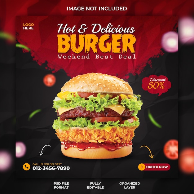 Delicious burger fast food or restaurant promotion and food menu social media banner template design