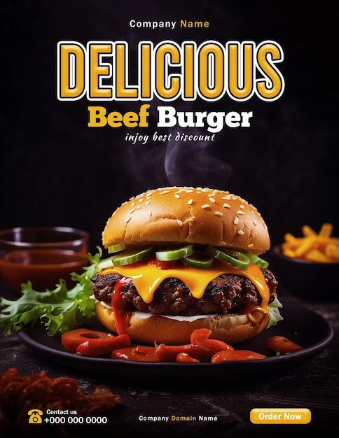 Delicious burger Fast food vertical poster template food social media promotion banner post design