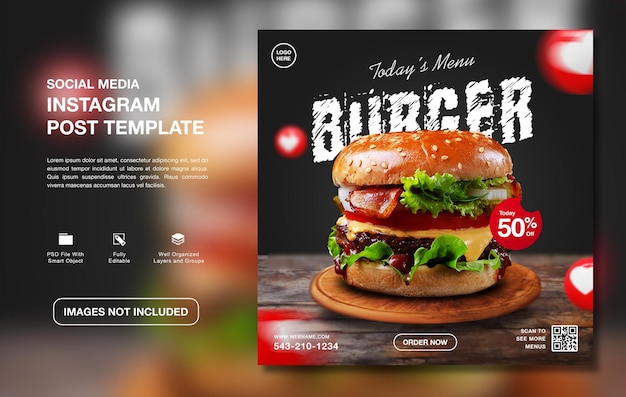 Delicious burger food menu instagram social media template