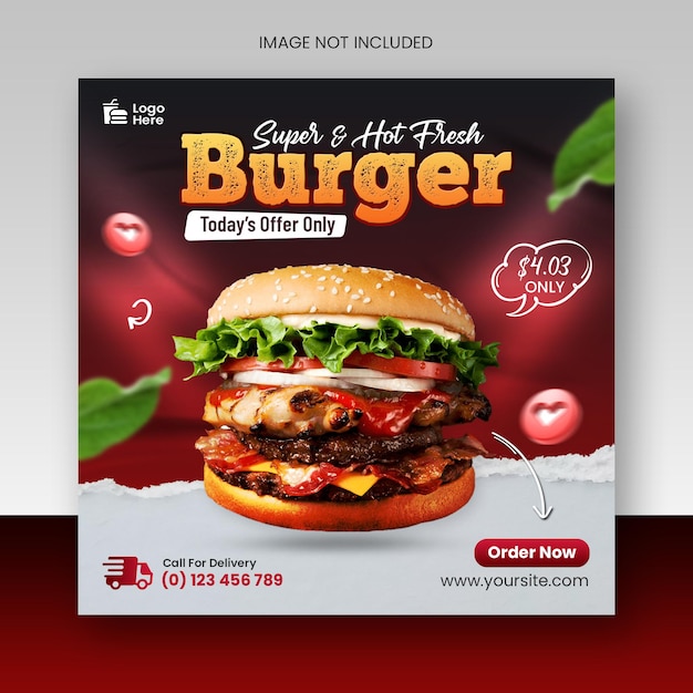 Delicious burger food menu and restaurant menu social media promotion and instagram post design template