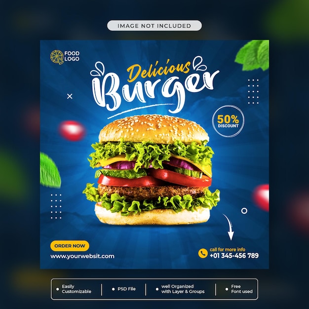 Delicious burger food menu and restaurant social media post banner design template