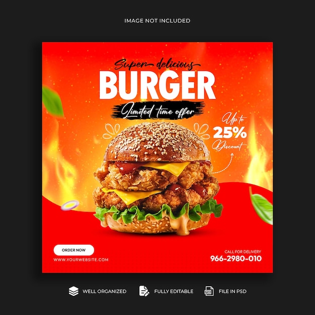 Delicious burger food menu social media banner and Instagram post template design