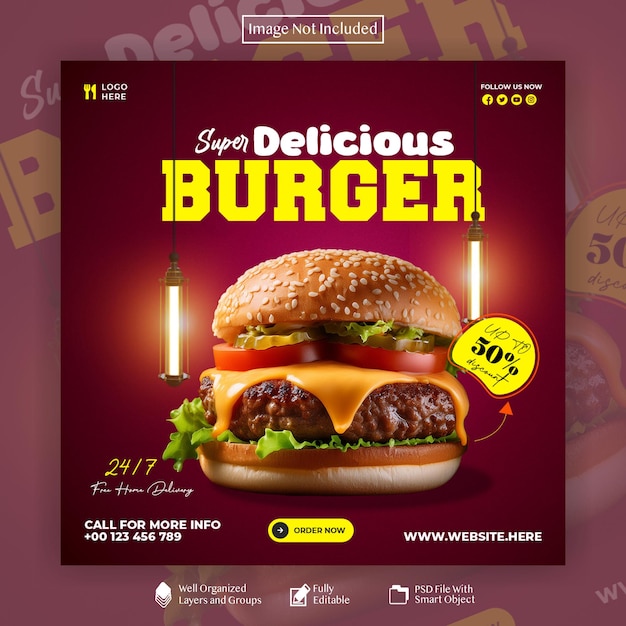 Delicious burger and food menu social media banner or instagram post template