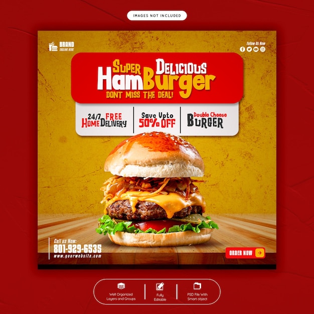 Delicious burger and food menu social media banner post template