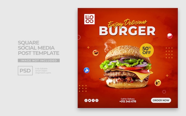 Delicious burger and food menu social media banner template square premium