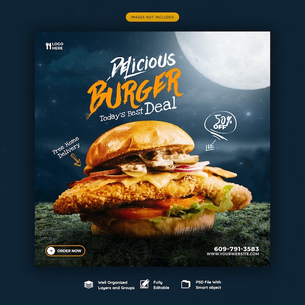 PSD delicious burger and food menu social media banner template