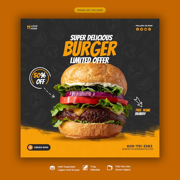 Delicious burger and food menu social media banner template