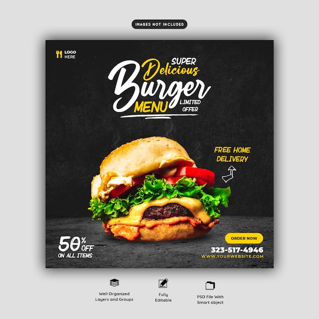 Delicious burger and food menu social media banner template