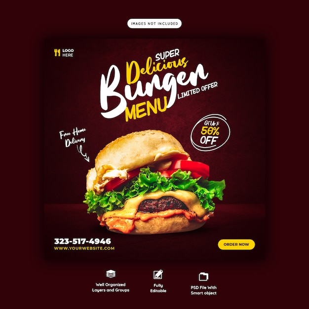 Delicious burger and food menu social media banner template