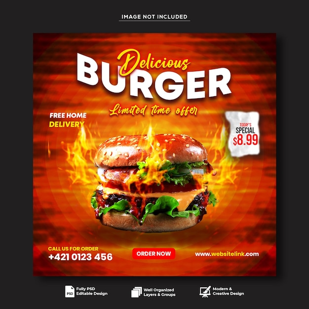 Delicious burger and food menu social media banner template