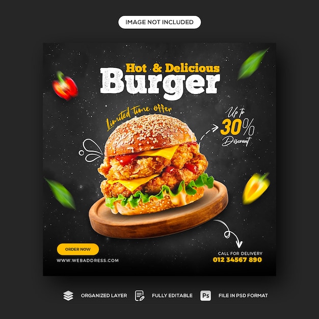 Delicious burger and food menu social media banner template