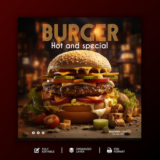 Delicious burger and food menu for social media design