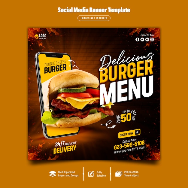 Delicious burger and food menu social media post template premium psd