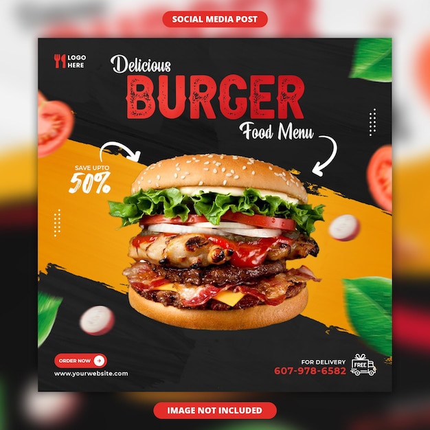 delicious burger and food menu social media post template