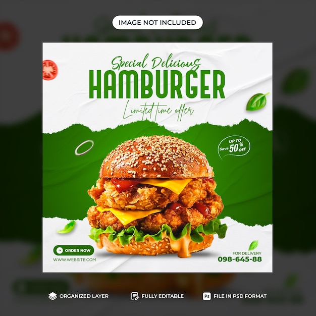 Delicious burger and food menu social media promotion banner template design