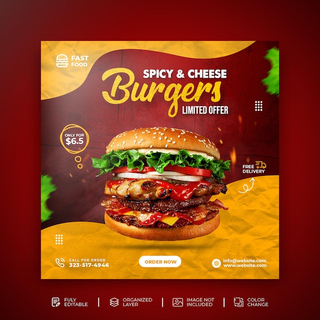 Delicious burger and food menu social media promotion banner template Free Psd