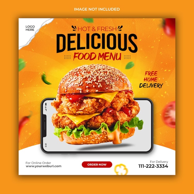 Delicious burger and food menu social media promotion banner template