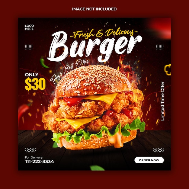 Delicious burger and food menu social media promotion banner template