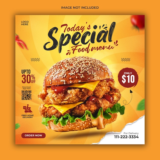 Delicious burger and food menu social media promotion banner template