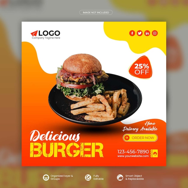 Delicious burger and food menu social media promotion square banner psd template