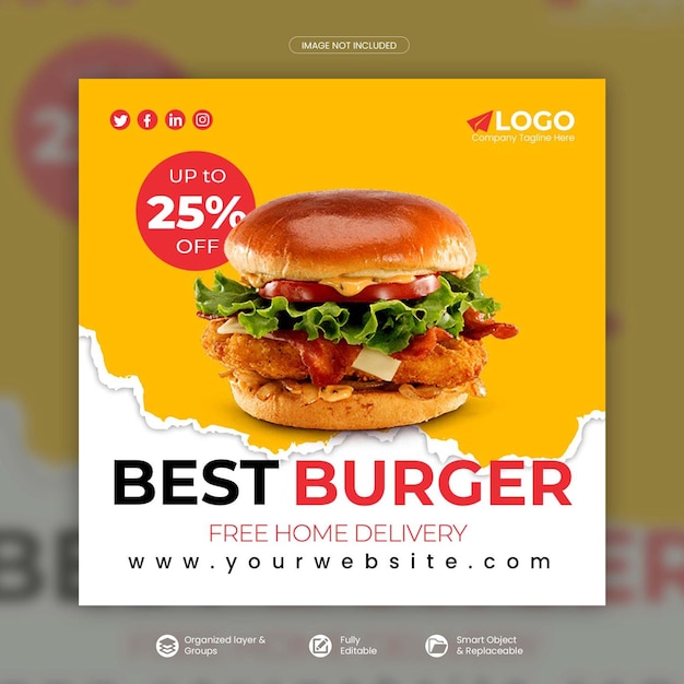 Delicious burger and food menu social media promotion square banner psd template