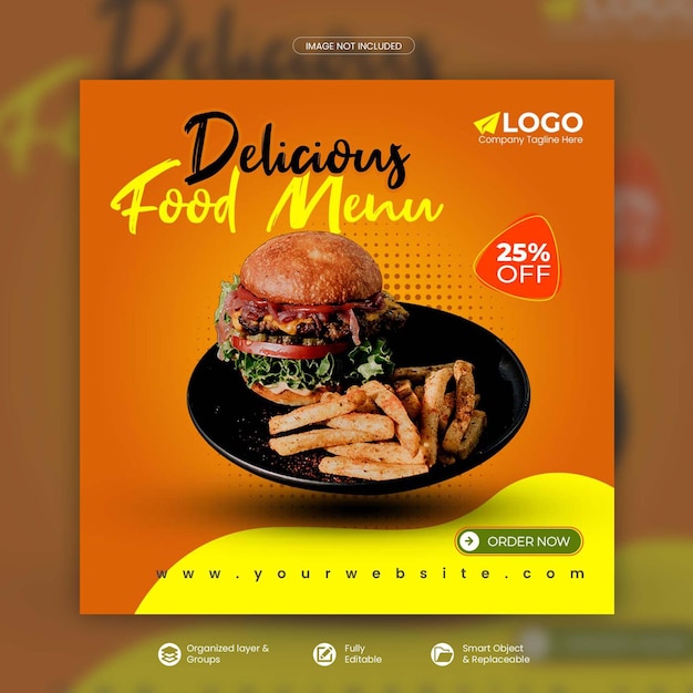 Delicious burger and food menu social media promotion square banner psd template