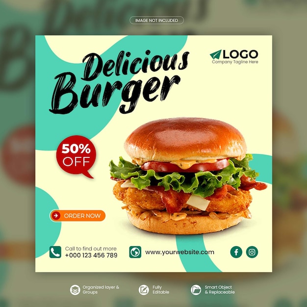 Delicious burger and food menu social media promotion square banner psd template