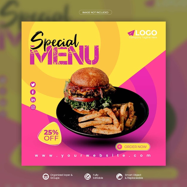 Delicious burger and food menu social media promotion square banner psd template