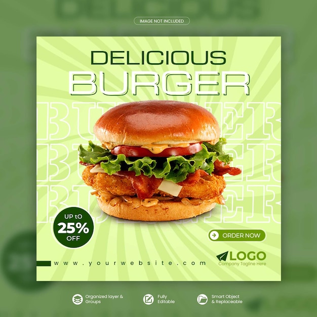 Delicious burger and food menu social media promotion square banner psd template