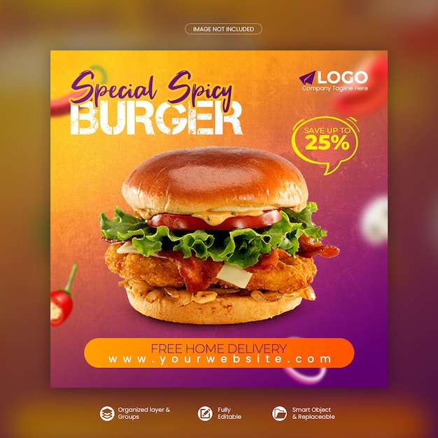 Delicious burger and food menu social media promotion square banner psd template